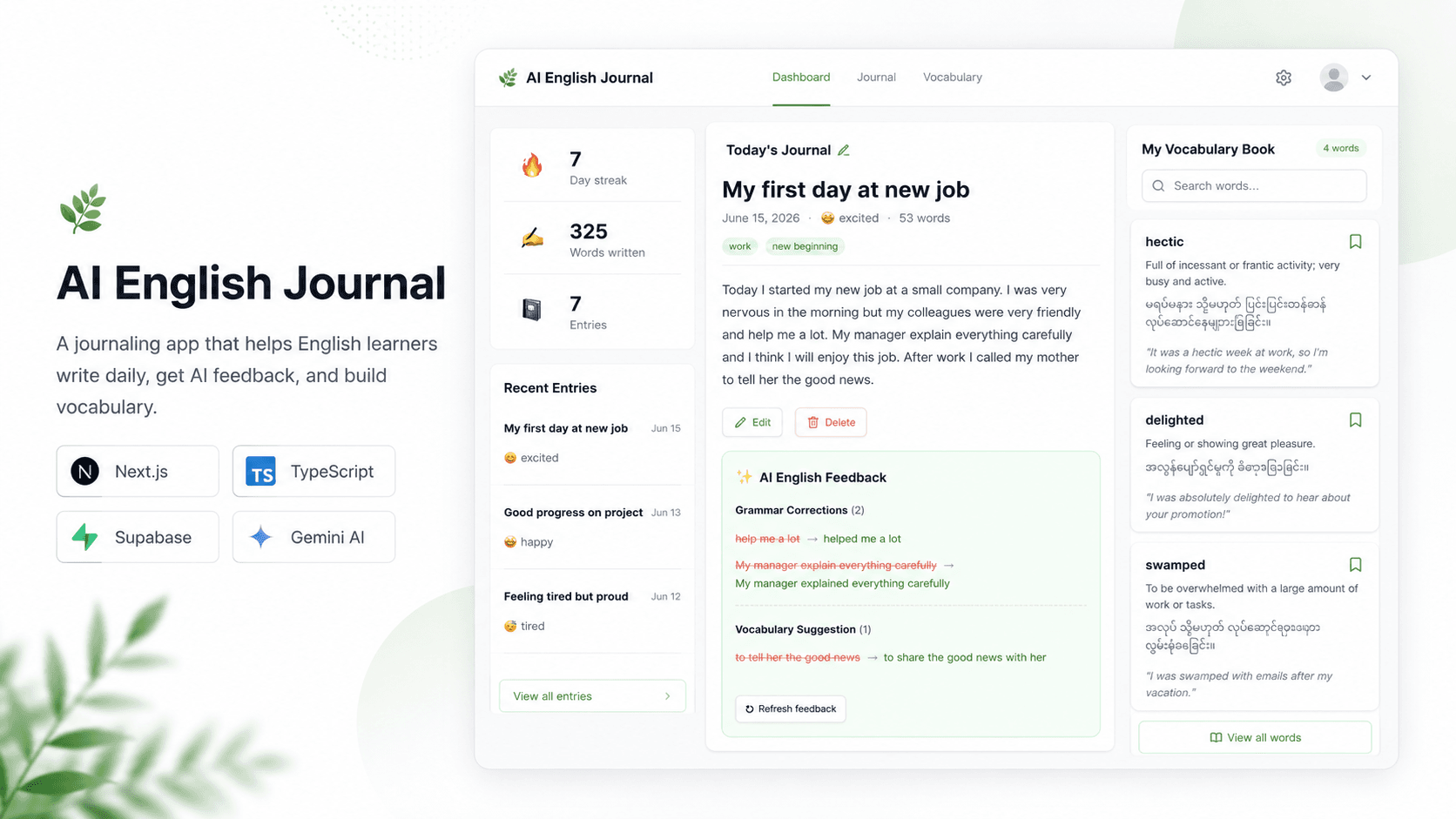 Journal entry — bilingual feedback, per-user AI toggle