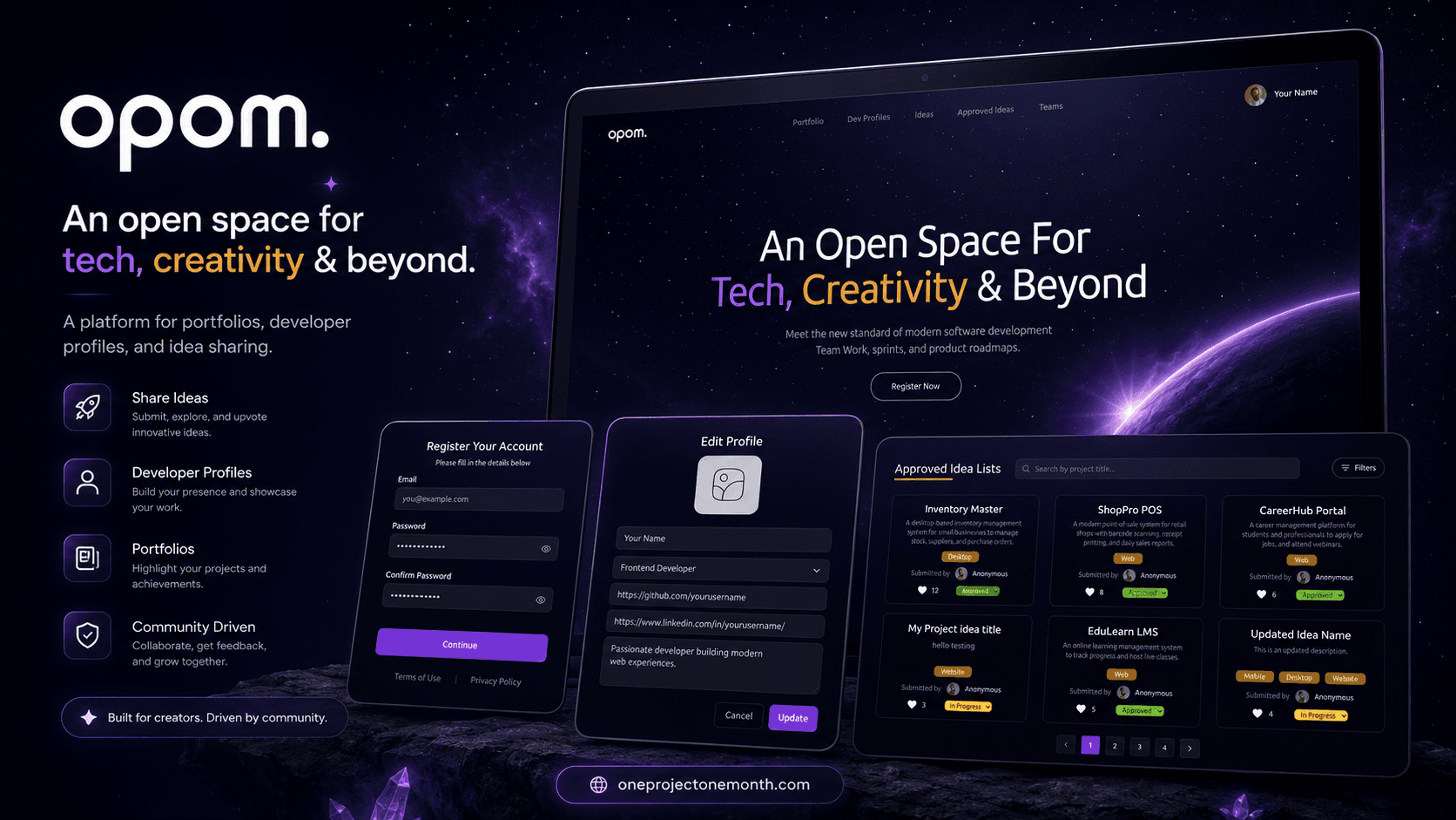 Admin panel — portfolios, ideas, users, timelines