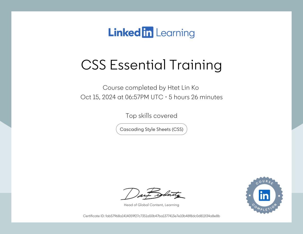 CSS Essential Training certificate earned by Htet Lin Ko