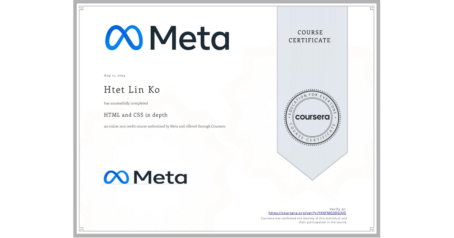 HTML and CSS in Depth certificate earned by Htet Lin Ko