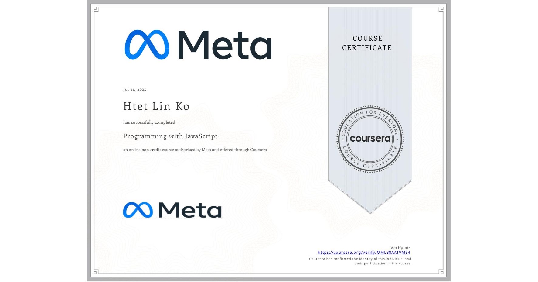 Programming with JavaScript certificate earned by Htet Lin Ko