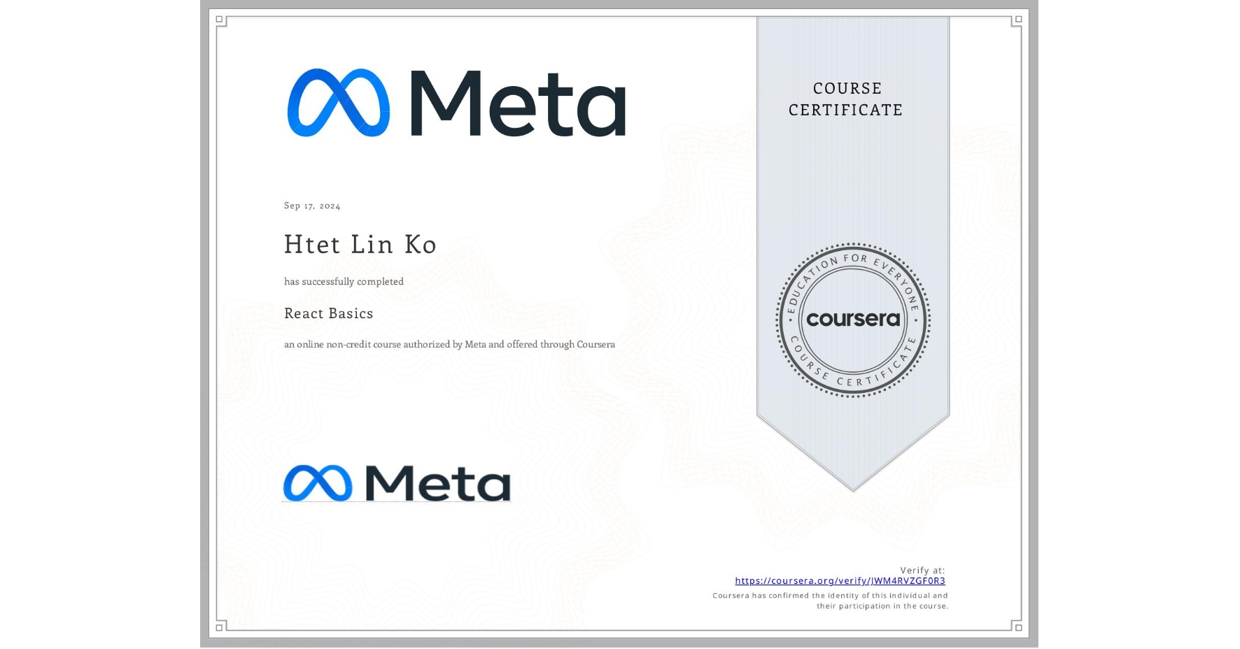 React Basics certificate earned by Htet Lin Ko