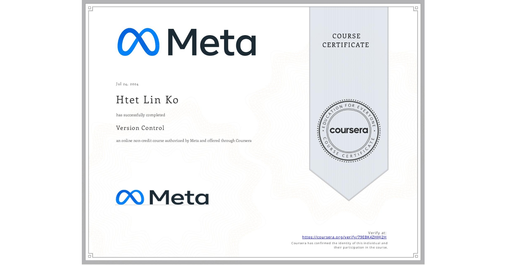Version Control certificate earned by Htet Lin Ko