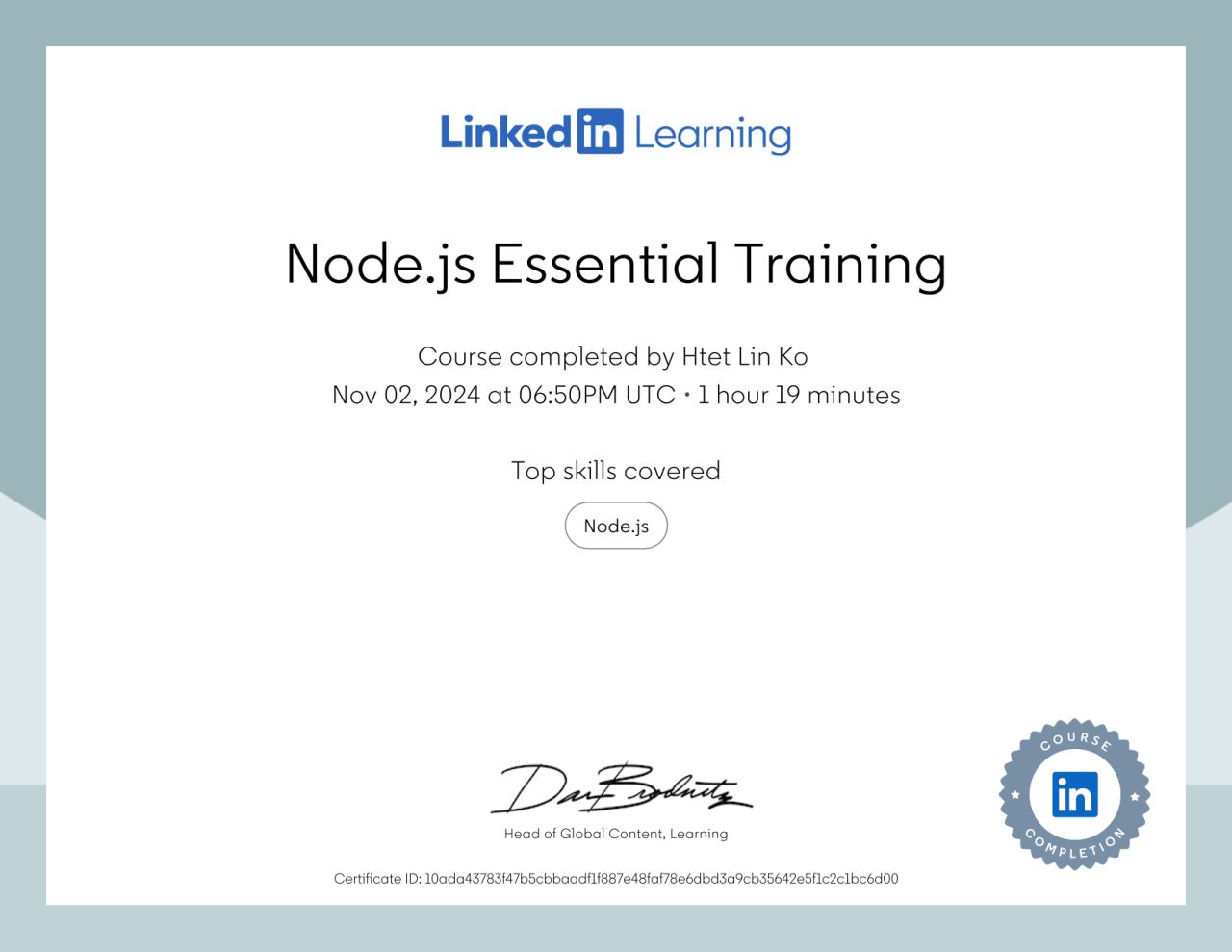 Node.js Essential Training certificate earned by Htet Lin Ko