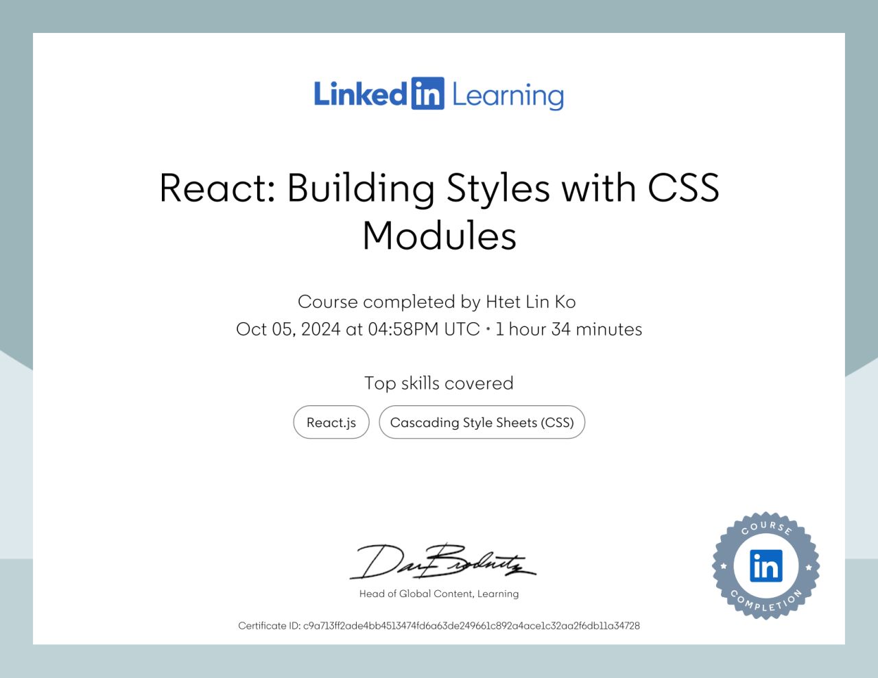 React: Building Styles with CSS Modules certificate earned by Htet Lin Ko