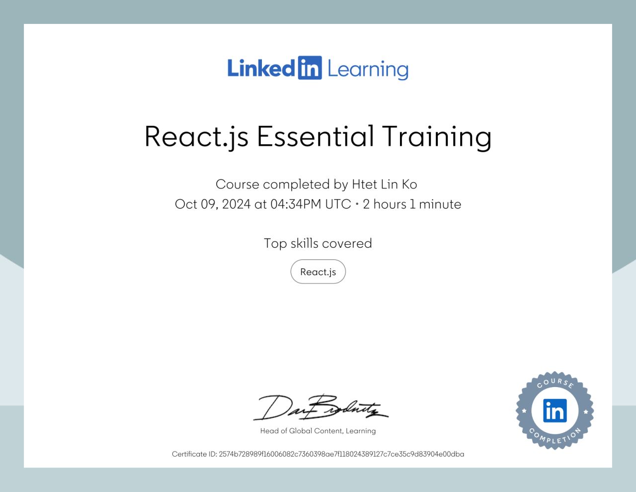 React.js Essential Training certificate earned by Htet Lin Ko