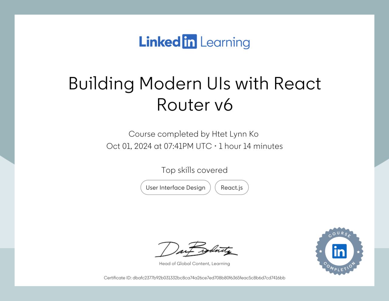 Building Modern UIs with React Router v6 certificate earned by Htet Lin Ko