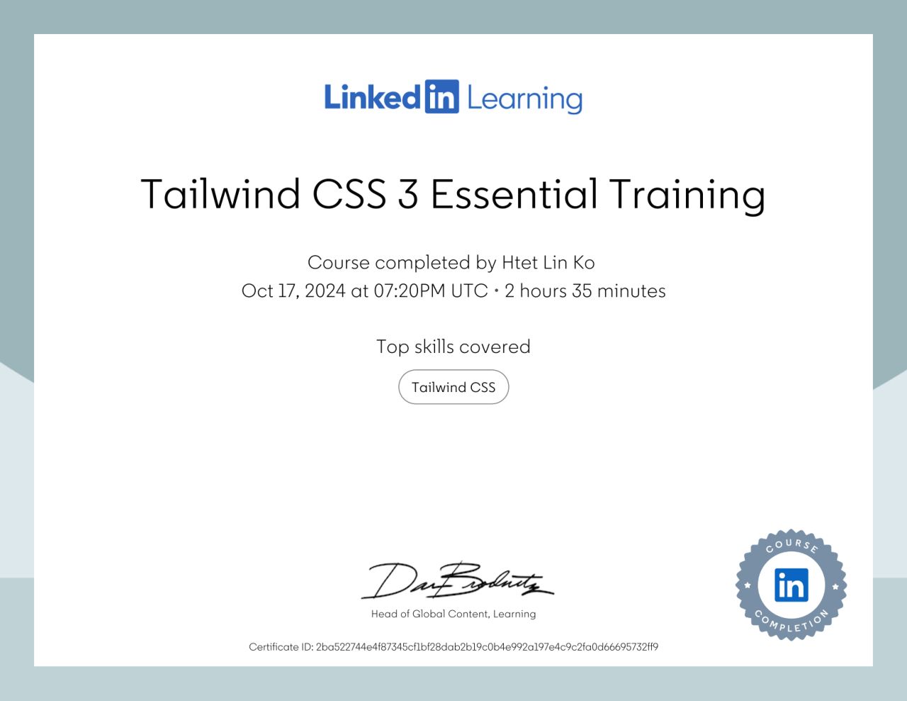 Tailwind CSS 3 Essential Training certificate earned by Htet Lin Ko